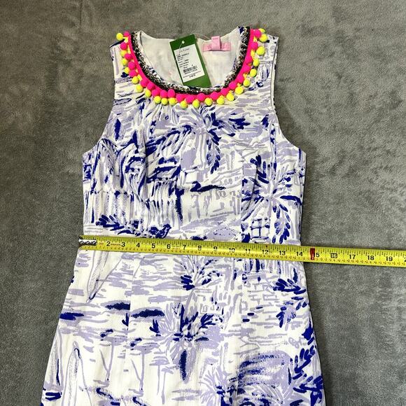 Lily Pulitzer Dress NWT Size 0 Purple Palm Print Pom Pom Trim Neckline - Picture 4 of 11